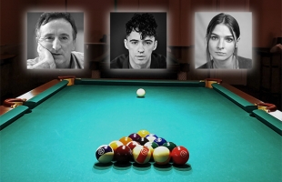 A green snooker table with a full set of balls racked at one end and a single white ball at the other. Above are black-and-white photos of Gary Lydon, Dermot Murphy and Éilish McLaughlin.