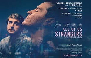 Poster for All of Us Strangers - Andrew Scott leans back with his eyes closed in profile, while Paul Mescal stares at him wistfully.