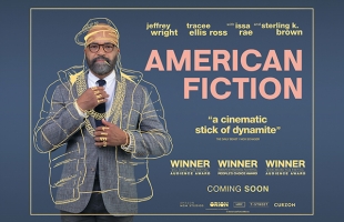 Poster image for American Fiction, featuring Jeffrey Wright in a suit with hand-drawn