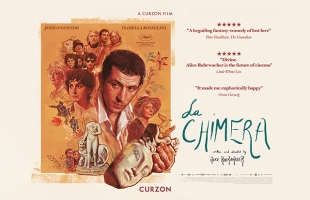 Poster for La Chimera, stylised portraits of the characters with Josh O'Connor in the centre. Pieces of classical art and statues surround them.
