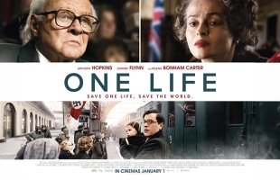 Poster for One Life, 3 images surround the title. Sir Anthony Hopkins wearing dark rimmed glasses in the top left. Helena Bonham Carter in the top right. And at the bottom a young man holding a child stands on a train platform, with a Nazi flag visible in the background.
