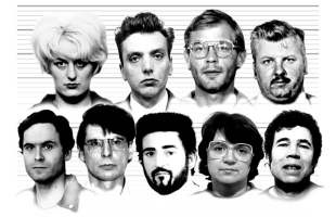 A montage of serial killer mugshots in black-and-white. Clockwise from the top left: Myra Hindley, Ian Brady, Jeffrey Dahmer, John Wayne Gacy, Fred West, Rose West, Peter Sutcliffe, Dennis Nilsen and Ted Bundy.