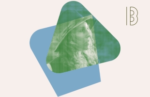 A stylised photo of Sophie Hutchings wearing a hat, within blue and green geometric forms, against a beige background.