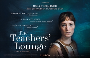Poster for The Teachers' Lounge, Leonie Benesch stares directly into the camera against a dark blue background.