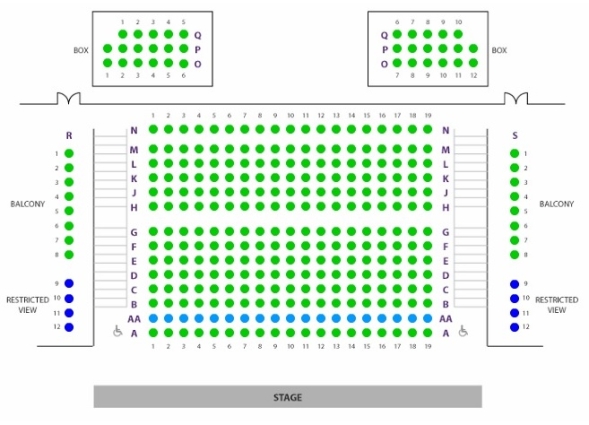 This is a seating chart of Pavilion Theatre's auditorium. The stage is positioned to the bottom of the picture. There are 14 rows in the main section of the auditorium, rows A-N. To the back of the auditorium, there are two boxes with rows O, P, Q. To the left and right of the image we have the balcony seats, rows R and S.