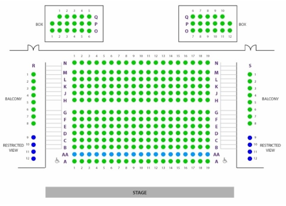 This is a seating chart of Pavilion Theatre's auditorium. The stage is positioned to the bottom of the picture. There are 14 rows in the main section of the auditorium, rows A-N. To the back of the auditorium, there are two boxes with rows O, P, Q. To the left and right of the image we have the balcony seats, rows R and S.