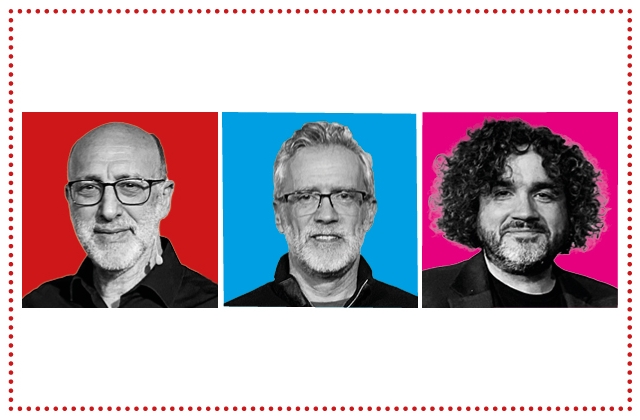 A 60s-style image of Mark Lewisohn, Steven Cockcroft and Jason Carty arranged with block colours behind their heads and a frame of red dots around them.