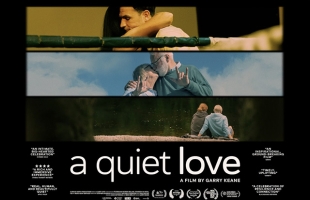 Quad poster for the film a quiet love, the images is cut into three horizontal sections, in each section a couple is pictured. The top image see a couple in a hug, the second sees an older couple in a kiss and the bottom image a couple is sitting together by a river bank.