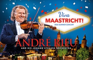 André Rieu plays the violin in a promotional poster for the concert in front of the illuminated Maastricht skyline, with colorful confetti