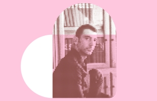 Stylised image of Andrea, with a transparent pink graphic shape overlaid