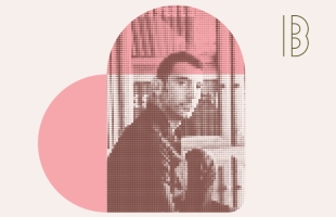 Stylised image of Andrea, with a transparent pink graphic shape overlaid
