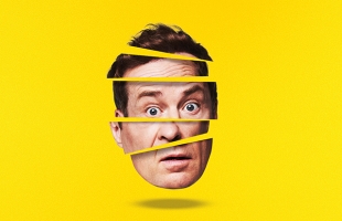 Ardal O'Hanlon's surprised face appears to float against a bright yellow background, sliced into several horizontal segments that are slightly misaligned, giving a fragmented, playful effect.
