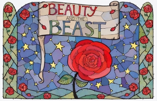 A stained glass style image of a red rose