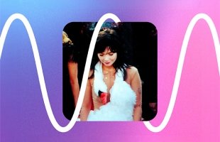 Central portrait of Bjork, a dark-haired woman in white dress, over purple-pink gradient background with bold white waveform line.