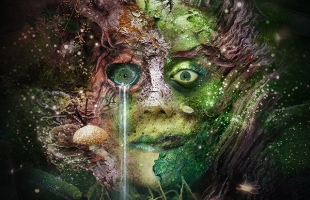 A surreal, forest-like female face formed from bark, moss and leaves, with glowing green eyes, insects and fungi embedded, evoking a mystical figure emerging from nature.