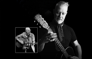 Black-and-white portrait of Chris Barron holding an acoustic guitar, with an inset photo of another performing seated with an acoustic guitar and microphone