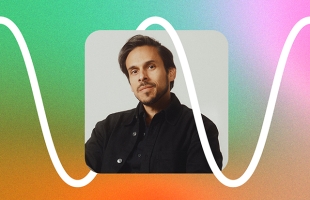 Portrait of a man with dark hair and light stubble wearing a black jacket and shirt, posed inside a rounded square frame. A thick white wavy line crosses in front of the image on a grainy gradient background blending green, teal, orange, and pink tones, giving the composition a modern, graphic design style.