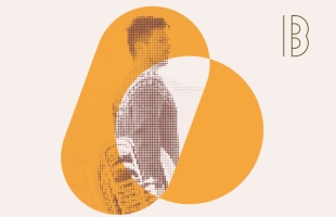 Daniel Herskedal stands on a snow covered landscape, holding a tuba. The image is stylistically dotted inside a curved orange shape.