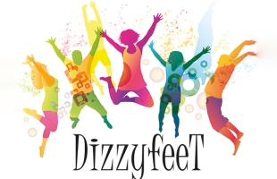 Logo for Dizzyfeet that shows colourful silhouettes of people jumping for joy