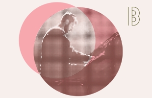 A stylised photo of Evgeny Grinko playing piano, within a pink circle against a beige background.