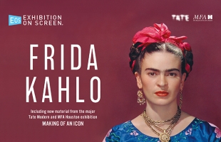 Title image for the film Frida Kahlo: Making of an Icon. Frida is pictured to the right of the image against a red background, she has a stern look on her face, she is wearing a read head scarf and a blue dress and an ornate necklace & earrings. To the left of the image is the title of the film.