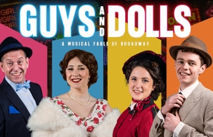 Title image for Dún Laoghaire Musical & Dramatic Society's production of Guys & Dolls. We see a large neon text in the foreground with the title, against a black background with lots of bright coloured graphics of neon city signs for motels, bars & clubs.