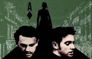 A stylised image of 2 similar looking men, one looking down, the other looking off to the right. Behind them is the silhouette of a woman in a long, black cloak.