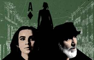 A stylized, poster-like graphic with a textured green background showing the faint outlines of buildings. In the foreground, two people are shown in high-contrast lighting: on the left is Tabitha Smyth looking directly at the viewer; on the right, Tommy Tiernan with a full white beard and a dark hat, gazing to the side. Behind them, a silhouetted figure of a woman stands at the centre, backlit and featureless. Above the silhouette is the symbol for the Ace of Diamonds