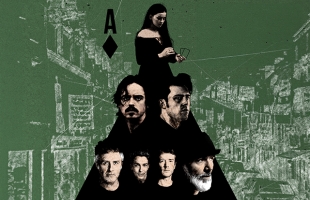 Stylised poster on a green, distressed urban background. A pyramid of dark-clad figures with serious expressions rises from shadow, topped by a woman holding playing cards, with an ace-of-diamonds symbol nearby.