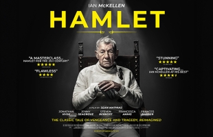 Ian McKellen as Hamlet, wearing all white and sitting in a throne. Text describing the movie surrounds him.