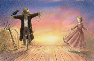 An illustrated scene at sunset on a wooden platform or barn floor. On the left, there’s a scarecrow in a brown coat and straw hat with a black crow perched on its outstretched arm. A pitchfork leans against a haystack nearby. On the right, a young girl in a long pink dress dances or twirls with her arms open, smiling toward the scarecrow. The sky behind them is softly coloured in pink, purple, and golden light.