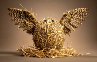 A photograph of an owl sitting in an nest, both the nest and the owl are made out of hay, the owl has its wings spread up and wide.