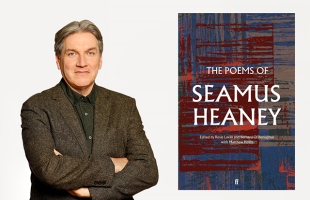 Seán Rocks with his arms crossed, smiling, next to the front cover of the The Poems of Seamus Heaney