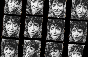 Black-and-white contact sheet featuring twelve close-up portraits of a person with varied facial expressions, arranged in a film-strip style against a chain-link fence background