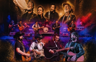 A concert-themed promotional image showing a country music band performing on stage under colourful lights. Large portraits of four singers appear above the stage, while four guitarists are featured in the foreground. The image has a dramatic orange, blue and purple colour scheme and evokes a live tribute or country music event.