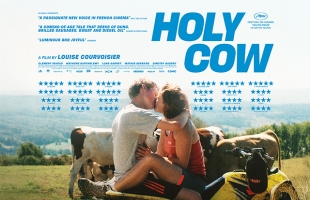 Poster for Holy Cow. A young couple sit on a motorbike, kissing in the middle of a field. Behind them, multiple cows can be seen.