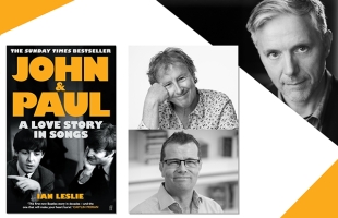 A collage of images - the book cover of John & Paul, beside black and white pictures of Tom Dunne and Paul Howard, with a portrait of Ian Leslie in the top corner