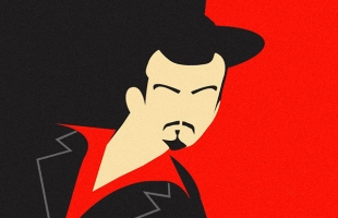 A black and red stylised cartoon version of Jack L with a black hat and goatee