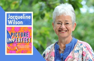 Jacqueline Wilson, smiling, alongside the front cover of her book Picture Imperfect