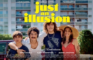Poster for Just an Illusion, featuring a family of four posing together outdoors in front of an apartment building, with the film title in bold yellow lettering.
