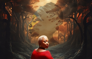 Illustration of Karen Underwood in a forest, with her back to the camera, head turned to face us, as a large outline of Nina Simone looms on the horizon.