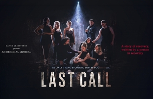 Promotional poster for the musical Last Call featuring a cast of performers gathered under a spotlight in a dark setting