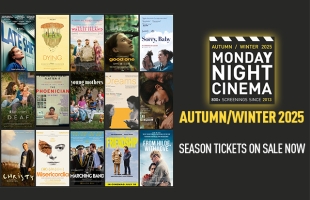Promotional graphic for “Monday Night Cinema” Autumn/Winter 2025 season. The design features a clapperboard icon and bold white text on a black background, with yellow accents. Text reads: “Monday Night Cinema – 800+ screenings since 2013.” On the right, in large yellow letters: “Season Tickets.”