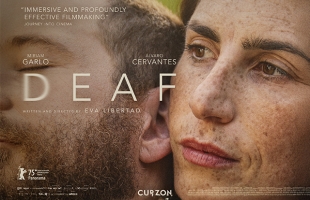 Poster for Deaf. A man, with his eyes closed, leans back against a women in an intimate moment.