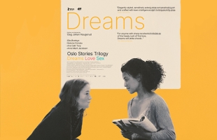 Poster for Dreams, a part of the Oslo Stories Trilogy. A young girl leans forward towards a women holding a book open, both are in black and white, with the background a warm yellow