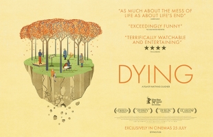 Poster for Dying. A cartoon drawing of a floating piece of Earth, with autumnal trees, and 5 figures. One conducting another playing the cello, one older lady watching, a young women holding a baby, and a blonde lady sitting on the edge of the earth