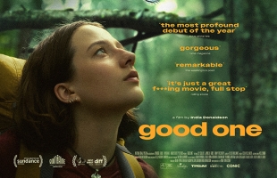 Poster for Good One. A young girl wearing a large back pack, surrounded by trees looks up wistfully