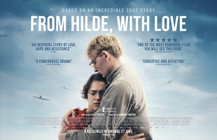 Poster for From Hilde, With Love. Two people stand embracing, with a cloudy sky behind them and planes in the distance