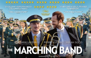 Poster for Marching Band. 2 men smiling, one wearing a band leader uniform holding a trombone, the other wearing a tuxedo. Behind are members of a marching band playing instruments