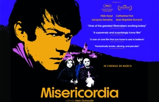 Poster for Misericordia. A graphic novel style image of the Félix Kysyl in the foreground, with the other character, one of which appears to be a priest, further back, and a church in the background